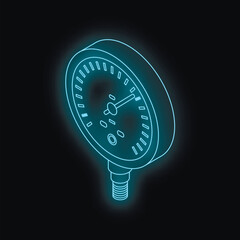 Glowing blue pressure gauge indicating low pressure in dark environment