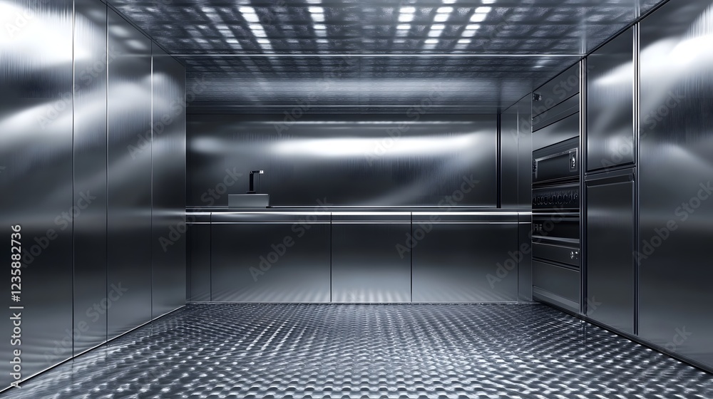 Aufkleber minimalist and modern industrial interior design with a metallic grid ceiling concrete floor and cle