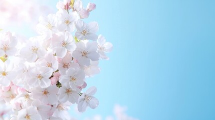 Fototapeta premium Spring cherry blossoms, sunny sky, floral background, website banner
