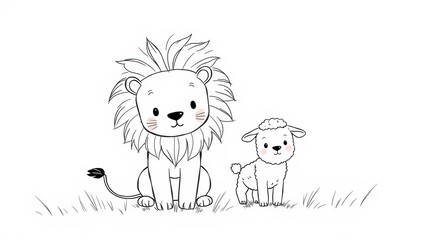 Pencil sketch doodle cute lion and lamb lying together in harmony