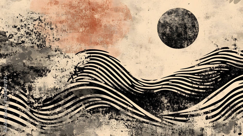 Aufkleber minimalist surreal landscape with undulating waves and crescent moon