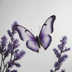 A butterfly with delicate wings painted in shades of lavender, suspended on a white background.