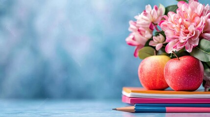Teacher's Day Apples, flowers, and notebooks on desk