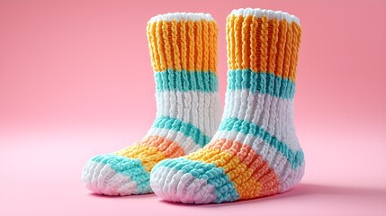 Cozy Colorful Knitted Socks on a Pink Background for Home Comfort