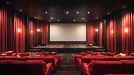 Fototapeta premium Cinema room with blank screen and empty space Red seat
