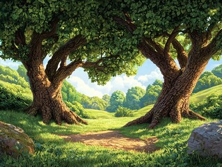 Serene Landscape with Majestic Trees and Lush Green Meadow