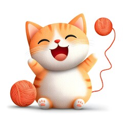 Fototapeta premium Playful Cartoon Cat with Yarn Ball and Happy Expression