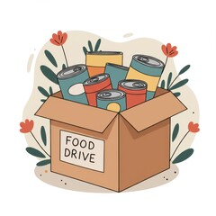 Illustration of a food drive donation box filled with colorful canned goods surrounded by flowers