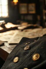 Ornate buttons on dark fabric near old maps.