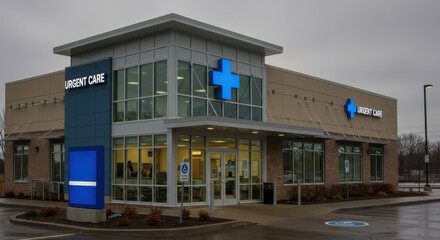 Modern urgent care facility with blue cross signage, cloudy sky in background