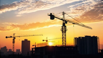 Industrial Construction Cranes and Building Silhouettes at Sunrise