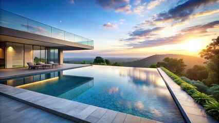 Fototapeta premium Sleek modern pool with infinity edge overlooking a serene landscape, water features