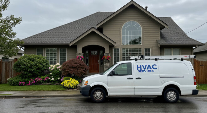 White HVAC service van parked in front of a modern home with vibrant landscaping