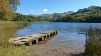 Obraz premium Serene Lake Landscape With Weathered Wooden Dock