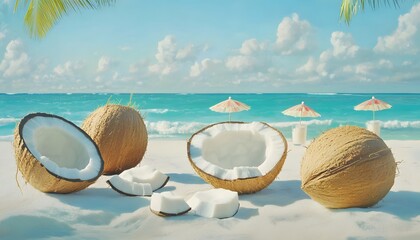 Coconuts on a Tropical Beach Scene with Umbrellas