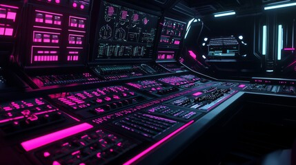 Obraz premium Futuristic Console Desk in Dark Room with Neon Accents and Panels