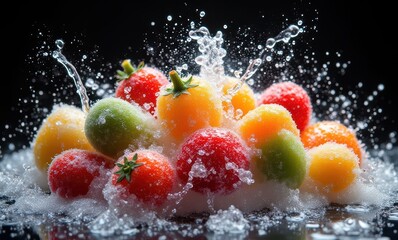 Colorful fruits splashing in water