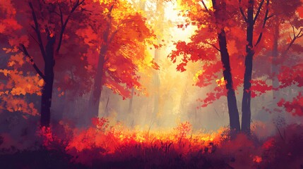 Autumnal Forest Path Sunlit Trees Blaze