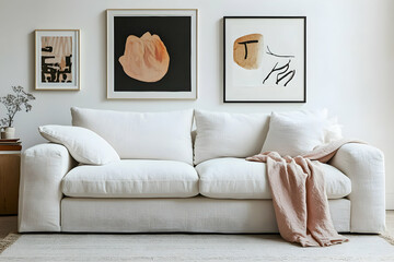 Cinematic photograph of an elegant white sofa in front of posters 