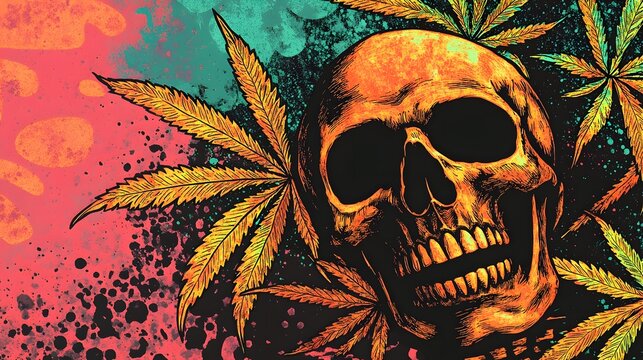 Psychedelic Skull with Cannabis Leaves Abstract