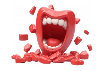 A vibrant red mouth bursting through broken hearts, expressing emotion, isolated on transparent or white background