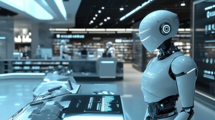 Fototapeta premium Humanoid AI Agents Providing Customer Service in a Futuristic Setting
