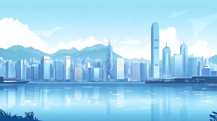 Obraz premium Hong Kong Cityscape Panorama, Sunny Day, Calm Water, Background