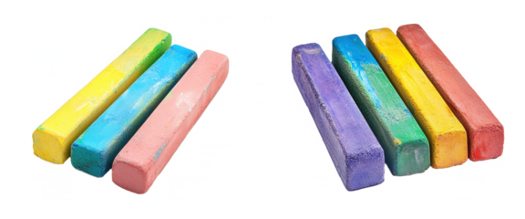 Colorful chalk pieces arranged for creative art projects, isolated on transparent or white background