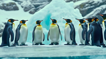 Fototapeta premium Group of Colorful Emperor Penguins in their Natural Antarctic Habitat