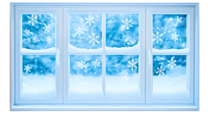 Serene Winter Wonderland View Through Frosted Window with Snowflakes and Icy Patterns