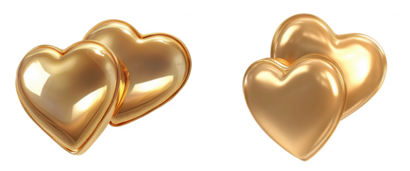 Elegant golden hearts symbolizing love and connection, isolated on transparent or white background
