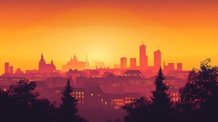 Cityscape Sunrise Skyline View from Trees