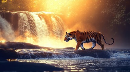 Tiger walking near a misty waterfall at sunrise.