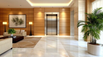 Luxury hotel lobby elevator; marble floor, wood paneling, seating area