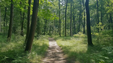 Obraz premium Sun Dappled Path Through Lush Green Forest