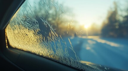 Obraz premium Frosty window sunrise winter landscape view