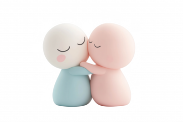 Two cute figurines embracing, symbolizing love and connection, isolated on transparent or white background
