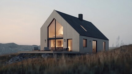 Obraz premium Modern Barn House on a Hilltop at Sunset
