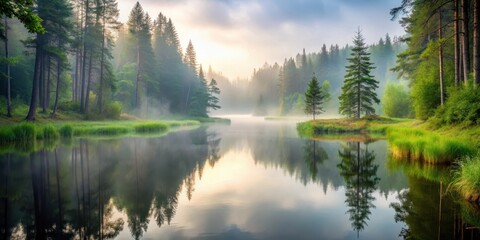 Obraz premium Forest Pond in Foggy Morning, fog, tranquil environment, fog, tranquil environment, calm atmosphere