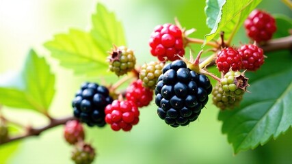 Ripe, Unripe, and Ripening Blackberries on Vine - High Resolution Photo