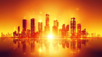 Obraz premium City skyline at sunset, illuminated, reflection, graphic