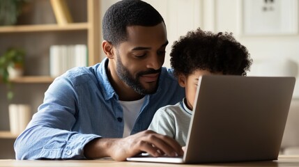 A father and young son sitting at a wooden desk, setting up parental controls on a laptop, fostering responsible internet use, warm and supportive family dynamic