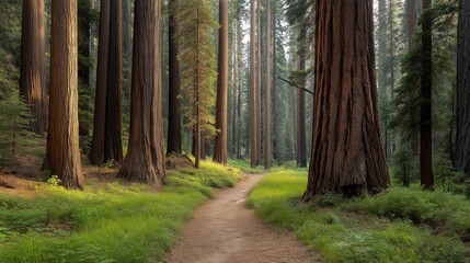 Fototapeta premium Sunlit Forest Path Among Trees