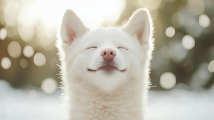 Happy puppy in snowy winter forest, enjoying sunlight