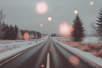 Aerial View of Serene Road in the Middle of a Forest Surrounded by Snowy Landscape