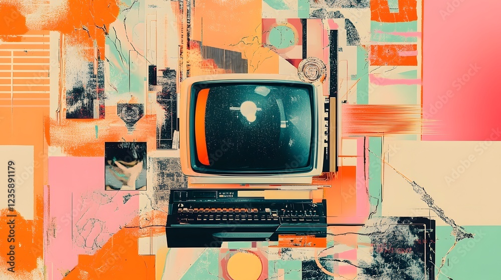 Poster retro vintage computer desk with colorful abstract collage background