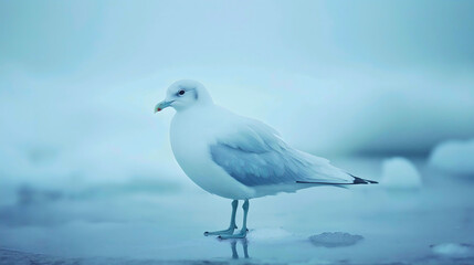Serene Seagull Resting on Ice in Winter Ocean Shoreline