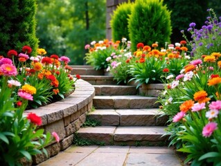 Naklejka premium Stunning Stone Wall & Steps, Colorful Garden Curb Appeal