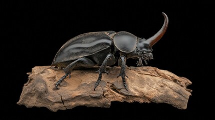 Black Horned Beetle on Wood Studio Macro Photography