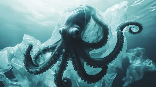 Underwater View of Octopus Wrapped with Plastic